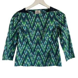 Milly of New York Geometric Print Top w/ Lamb Leather Accents, Size 4